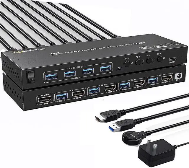 Main image of USB 3.0 KVM Switch HDMI 4 Ports 4K@60Hz 2K@120Hz RGB 4:4:4, 4x1 HDMI 2.0 KVM Switch Simulation EDID, HDCP2.2 Decoding, KVM Switch 4 PC 1 Monitors with 4 USB 3.0 Ports for Keyboard, Mouse, Printer etc.