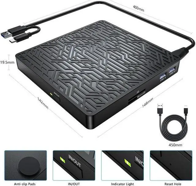 Alt view image 7 of 7 - [5-in-1] Multifunction External CD/DVD Drive, USB 3.0 Type-C Portable CD DVD Writer With SD/TF & USB Slots Optical Drive External CD DVD Drive Burner for Windows 7/8/10/XP/Mac OS/Linux
