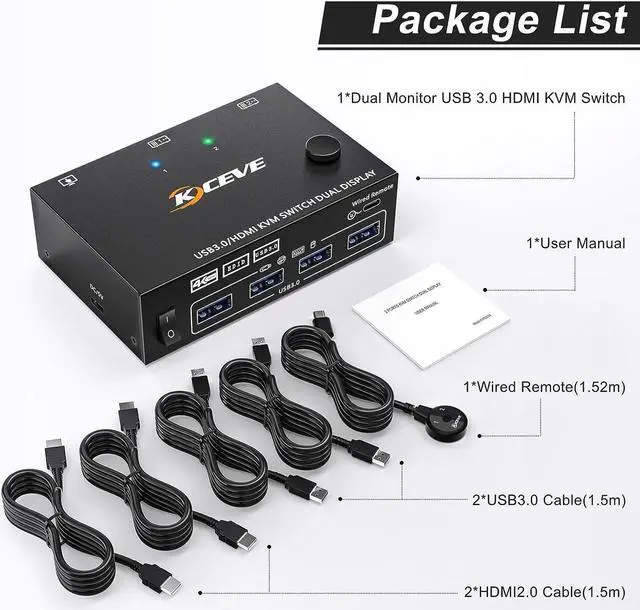 Alt view image 7 of 7 - HDMI KVM Switch 2 Computer 2 Monitors, HDMI USB 3.0 KVM Switch Dual Monitors with EDID Function, Supports 4K @60Hz for 2 Computers Share 2 Monitors and 4 USB 3.0 Ports,Wired Remote and Cables Included
