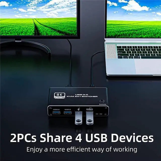 Alt view image 2 of 7 - 8K HDMI2.1 KVM Switch 2 in 1 Out, HDMI-compatible 8K @60Hz 4K @120Hz 2 Port HD USB 3.0 KVM Switcher Box USB for Shared Monitor Keyboard And Mouse Printer PC