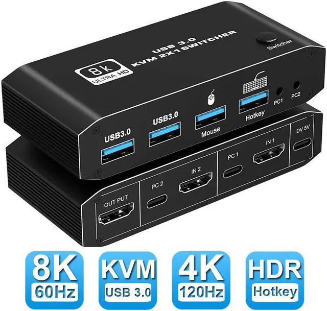 Main image of 8K HDMI2.1 KVM Switch 2 in 1 Out, HDMI-compatible 8K @60Hz 4K @120Hz 2 Port HD USB 3.0 KVM Switcher Box USB for Shared Monitor Keyboard And Mouse Printer PC