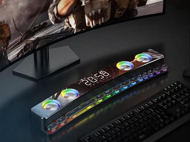 Alt view image 4 of 7 - Bluetooth Speaker Wireless Game Speaker soundbar USB 3D Stereo Subwoofer AUX FM Home Clock Indoor Bluetooth Sound Bar Computer Loudspeaker 3600mAh RGB PC Gaming Speaker with Wireless Bluetooth