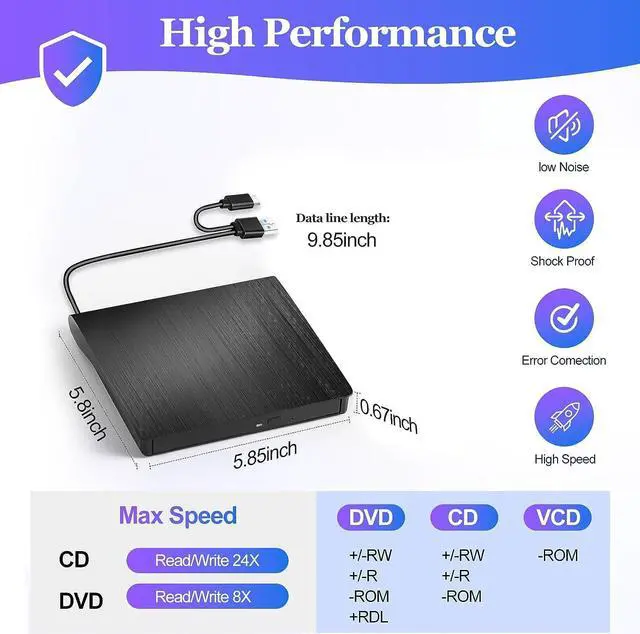 Alt view image 7 of 7 - External CD/DVD Drive for Laptop, USB 3.0 Type C Portable DVD Player for Laptop, CD ROM Burner Writer External Disk Drive Optical DVD Drive Compatible with Laptop Desktop PC Windows Linux MacOS 8iop