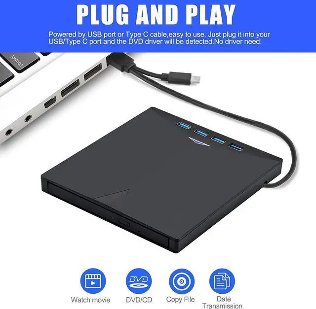 Alt view image 4 of 7 - External DVD Drive with 4 USB 3.0 Ports SD/TF Port, 6-in-1 USB 3.0 & Type C Slim Portable CD/DVD ±RW, External CD/DVD Burner for Laptop Desktop PC Windows Linux MacOS