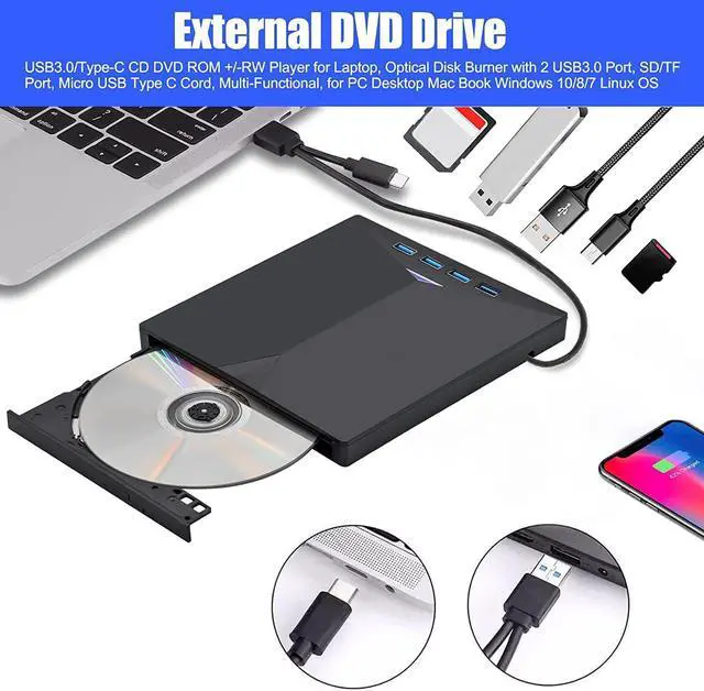 Alt view image 6 of 7 - External DVD Drive with 4 USB 3.0 Ports SD/TF Port, 6-in-1 USB 3.0 & Type C Slim Portable CD/DVD ±RW, External CD/DVD Burner for Laptop Desktop PC Windows Linux MacOS