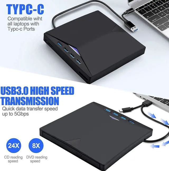 Alt view image 5 of 7 - External DVD Drive with 4 USB 3.0 Ports SD/TF Port, 6-in-1 USB 3.0 & Type C Slim Portable CD/DVD ±RW, External CD/DVD Burner for Laptop Desktop PC Windows Linux MacOS