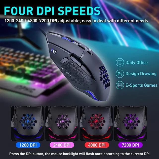 Alt view image 2 of 7 - Gaming Mouse, Wired Mouse with RGB Backlight Cellular Design 8 Buttons 7200 DPI 4-Level Adjustable USB Port Mouse, Computer Optical Ergonomic PC Gaming Mice Compatible with Windows MacOS (Black)