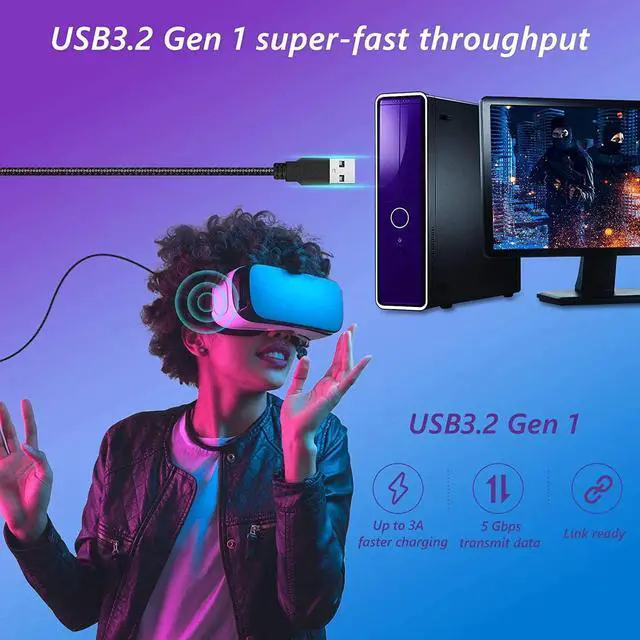 Alt view image 4 of 7 - 16FT / 5M USB A to C Link Cable for Oculus Quest 2, USB 3.0 to Type C Link Cable High Speed Data Transfer 3A Fast Charging Cable for O-culus Quest 2 VR Headset Accessories Gaming Video (Black, 16feet)