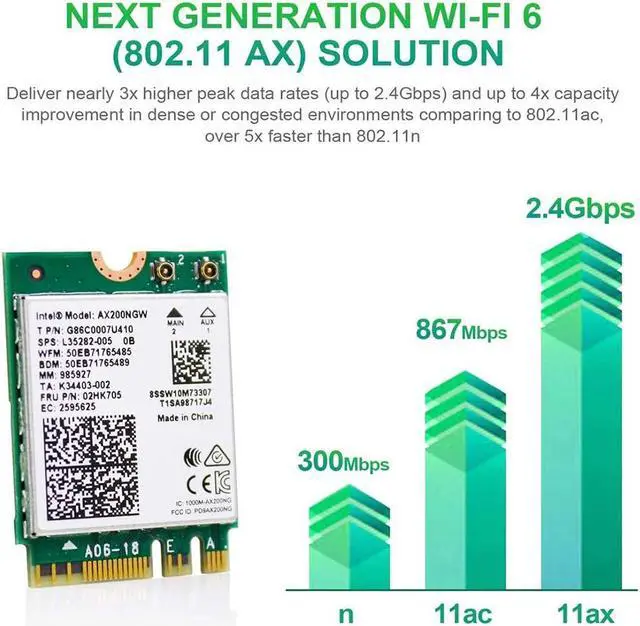 Alt view image 2 of 7 - WiFi 6 M.2 Module AX 3000Mbps Network Adapter with Bluetooth 5.1 Wireless Wi-Fi 6 Card 2.4G/5Ghz 802.11ax MU-MIMO for Laptop PC with Windows 64 bit - Intel Model AX200NGW