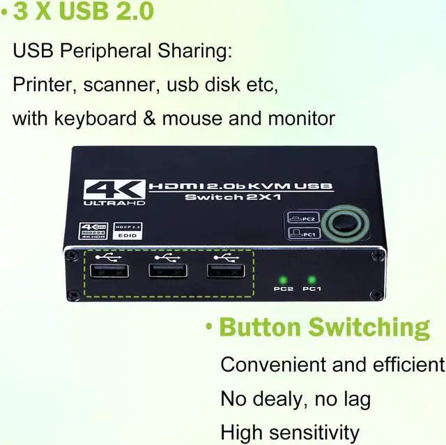 Alt view image 6 of 7 - 4K HDMI 2.0b KVM USB Switch 2 Port, 2 Computers Share One Monitor 2x1, 3 USB 2.0 Hub, Ultra HD 4K @60Hz, HDCP 2.2, Support Wireless Keyboard and Mouse