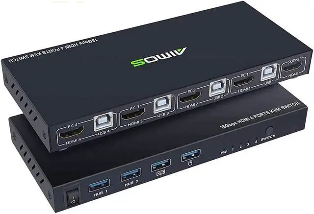 Main image of KVM Switch HDMI 4 Port Box, HDMI2.0 KVM HDMI Switcher Support Wireless Keyboard and Mouse Connections and with USB Hub Port, UHD 4K @60Hz & 3D & 1080P Supported (with 4 USB Cables)