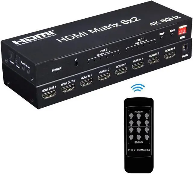 Main image of 2.0 HDMI Matrix 6x2 Switch Splitter 6 Inputs to 2 Outputs HDR 4K @60Hz RGB/YUV 4:4:4 SPDIF Optical + 3.5 mm Jack Audio Output with Remote Control eokCXOY