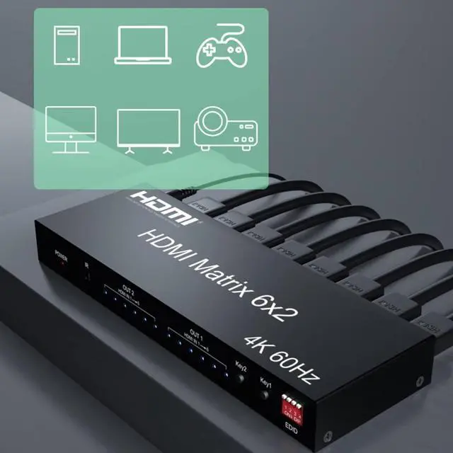 Alt view image 7 of 7 - 2.0 HDMI Matrix 6x2 Switch Splitter 6 Inputs to 2 Outputs HDR 4K @60Hz RGB/YUV 4:4:4 SPDIF Optical + 3.5 mm Jack Audio Output with Remote Control eokCXOY