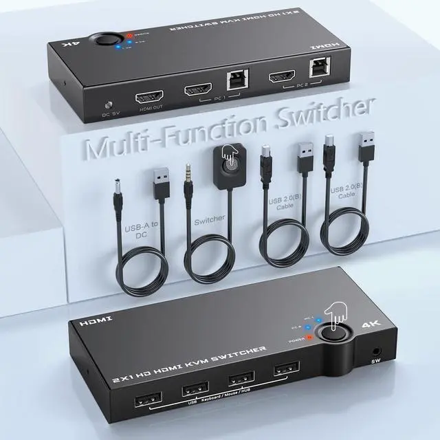 Main image of 4K @60Hz HDMI KVM Switch 2 Port Box USB and HDMI Switches Share 2 Computers with one Keyboard Mouse and one HD Monitor, HDMI KVM Switch Support Hotkey Switch and One Button Swapping