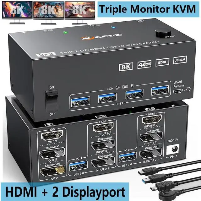 Main image of Triple Monitor KVM Switch 2 PC 3 Monitors 8K@60Hz, HDMI + 2 Displayport KVM Switch Triple Monitor for 2 Computer Share 3 Monitors and 4 USB 3.0 Device, Cable Remote Control and 5 Cables Included 8iop