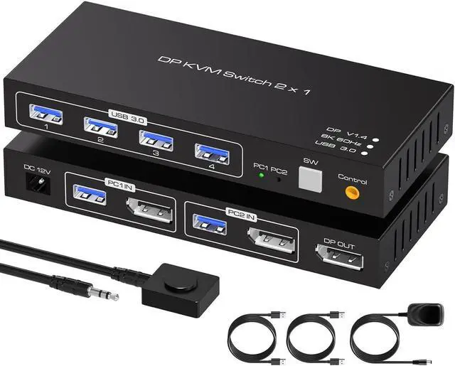 Main image of Displayport KVM Switch 2 PC 1 Monitor USB 3.0DP KVM Switcher 2 Port Two Computers to Share 4 USB Peripherals Support 8k 60hz 4k 120hz DP 1.4 Switches Includes Desktop Controller And Power Adapter