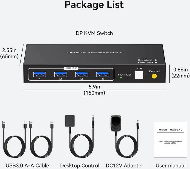 Alt view image 7 of 7 - Displayport KVM Switch 2 PC 1 Monitor USB 3.0DP KVM Switcher 2 Port Two Computers to Share 4 USB Peripherals Support 8k 60hz 4k 120hz DP 1.4 Switches Includes Desktop Controller And Power Adapter