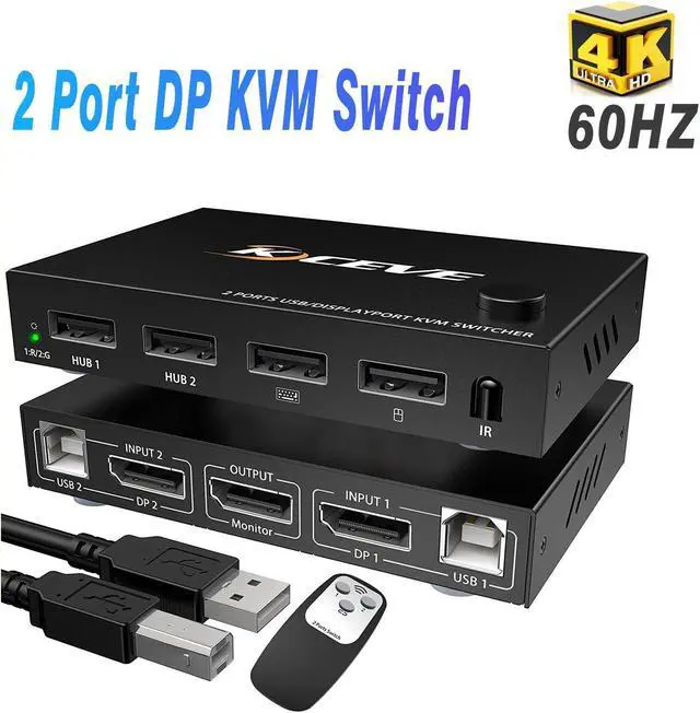 Main image of 2 Port Displayport USB KVM Switch 2 in 1 Out, DisplayPort 2 Port DP Display Port KVM Switcher with 2.0 USB Hub Support 4K @60Hz (3840*2160) for Share Keyboard Mouse Monitor
