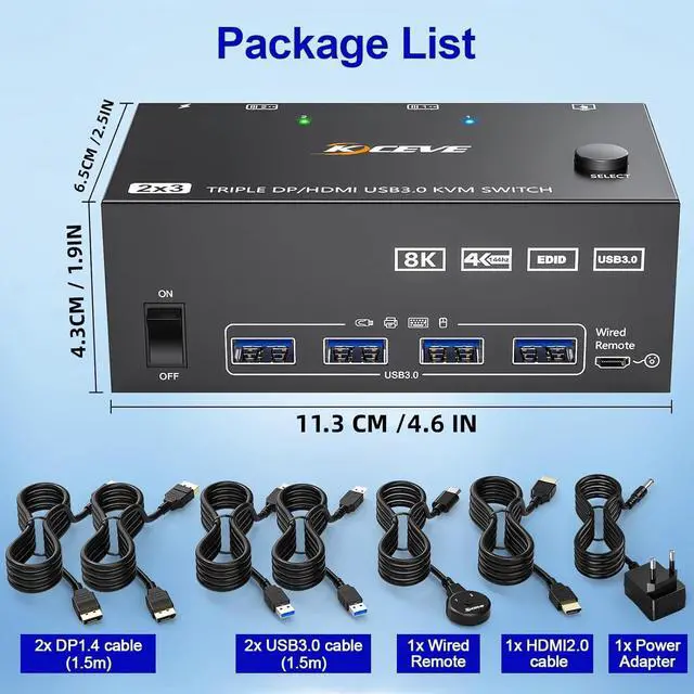Alt view image 7 of 7 - Triple Monitors 2 DisplayPort + HDMI KVM Switch, 8K@60Hz 4K@144Hz, USB 3.0 HDMI + 2 DP KVM Switch 2 PC 3 Monitors, KVM Switch DisplayPort1.4 + HDMI 2.1 for 2 PC Share Mouse, Keyboard and 3 Monitors