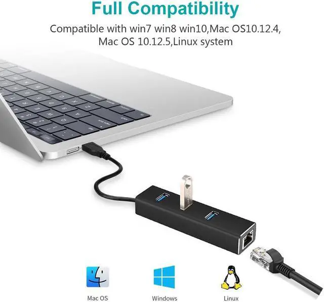 Alt view image 4 of 7 - [Upgraded] Network Adapter USB 3.0 to Ethernet RJ45 LAN Gigabit Adapter, 3-Port USB 3.0 Hub with RJ45 10/100/1000M Converter LAN for Ultrabooks, Notebooks, Tablets (COlor: Black)