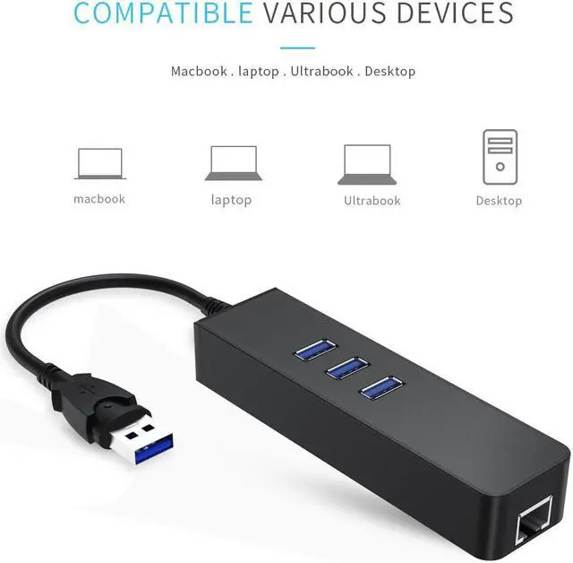 Alt view image 6 of 7 - [Upgraded] Network Adapter USB 3.0 to Ethernet RJ45 LAN Gigabit Adapter, 3-Port USB 3.0 Hub with RJ45 10/100/1000M Converter LAN for Ultrabooks, Notebooks, Tablets (COlor: Black)