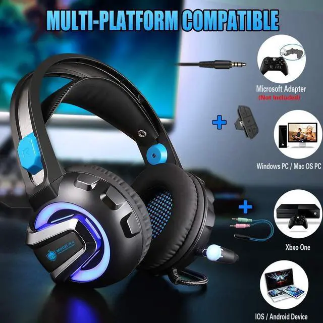 Alt view image 2 of 7 - Gaming Headset with Microphone, 7.1 Stereo Surround Sound Wired Over Ear Headphone for Xbox One, PS4, PC, Laptop, Nintendo Switch and other 3.5mm devices, LED Light, Noise Isolation, Steel Frame -Blue