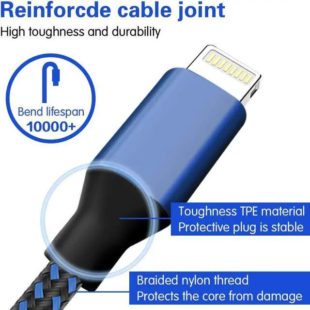 Alt view image 2 of 7 - 5Pack [3/3/6/6/10ft] Nylon Braided iPhone Charger Lightning Cable Fast Charging&Syncing Long Cord Compatible iPhone 11Pro Max/11Pro/11/XS/Max/XR/X/8/8P/7 and More -Black&Blue