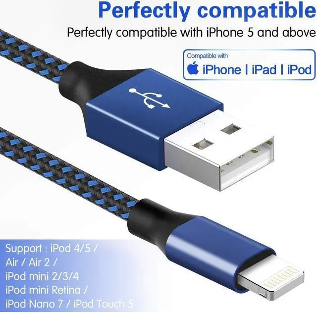 Alt view image 4 of 7 - 5Pack [3/3/6/6/10ft] Nylon Braided iPhone Charger Lightning Cable Fast Charging&Syncing Long Cord Compatible iPhone 11Pro Max/11Pro/11/XS/Max/XR/X/8/8P/7 and More -Black&Blue