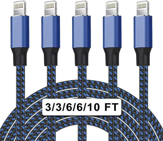 Main image of 5Pack [3/3/6/6/10ft] Nylon Braided iPhone Charger Lightning Cable Fast Charging&Syncing Long Cord Compatible iPhone 11Pro Max/11Pro/11/XS/Max/XR/X/8/8P/7 and More -Black&Blue