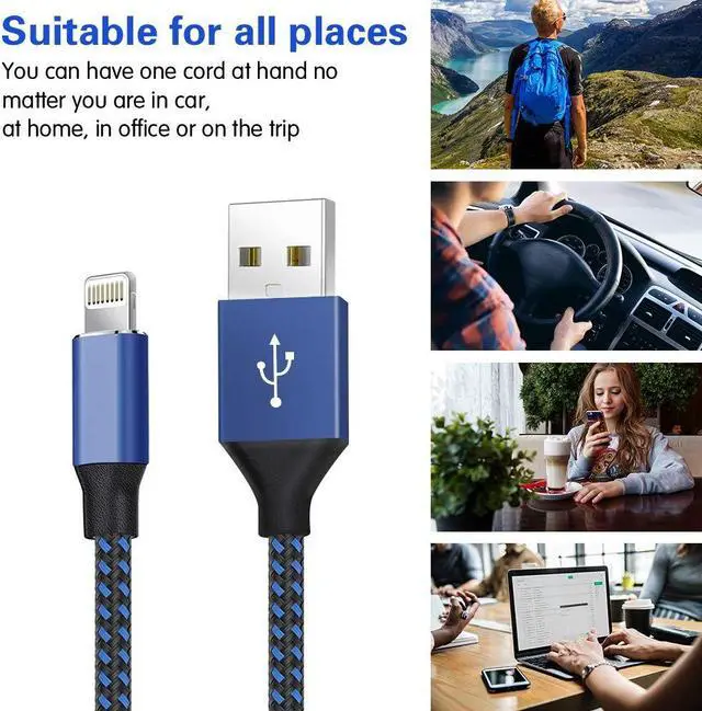 Alt view image 6 of 7 - 5Pack [3/3/6/6/10ft] Nylon Braided iPhone Charger Lightning Cable Fast Charging&Syncing Long Cord Compatible iPhone 11Pro Max/11Pro/11/XS/Max/XR/X/8/8P/7 and More -Black&Blue
