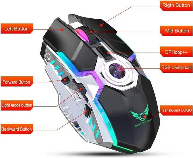 Alt view image 3 of 7 - Rechargeable 2.4G Wireless Gaming Mice with USB Receiver and RGB Colors Backlit for Laptop,Computer PC and MacBook (600 mAh Lithium Battery)- Black