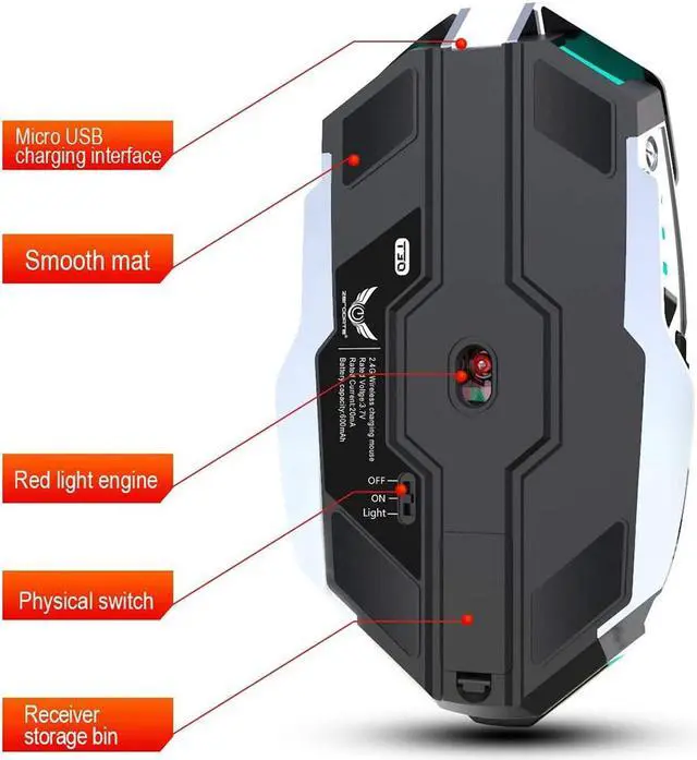 Alt view image 4 of 7 - Rechargeable 2.4G Wireless Gaming Mice with USB Receiver and RGB Colors Backlit for Laptop,Computer PC and MacBook (600 mAh Lithium Battery)- Black