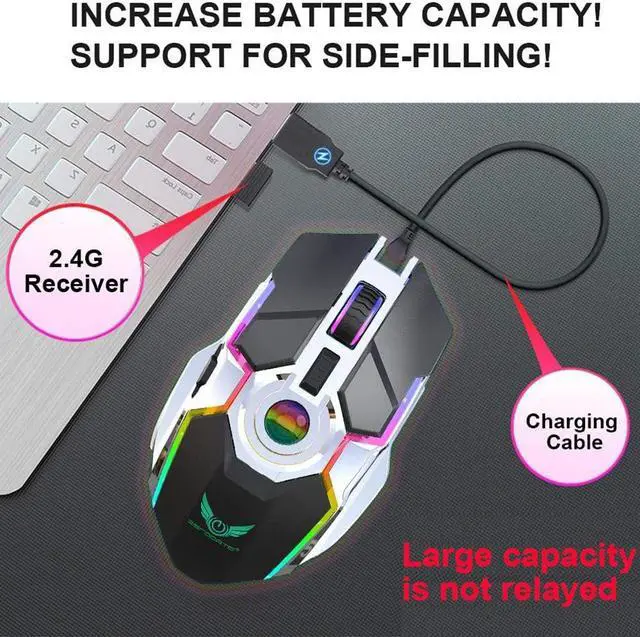 Alt view image 7 of 7 - Rechargeable 2.4G Wireless Gaming Mice with USB Receiver and RGB Colors Backlit for Laptop,Computer PC and MacBook (600 mAh Lithium Battery)- Black