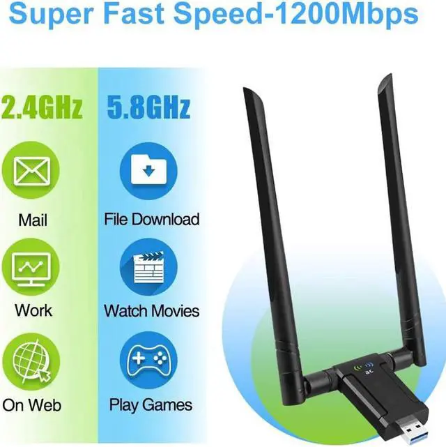 Alt view image 2 of 7 - 1200Mbps WiFi Adapter, Dual Band USB Wifi Dongle (5.8G/867Mbps+2.4G/300Mbps) Network Adapter with USB 3.0 Cradle and Extension Cable for PC Desktop Laptop Support Windows 10/8/7 Mac OS