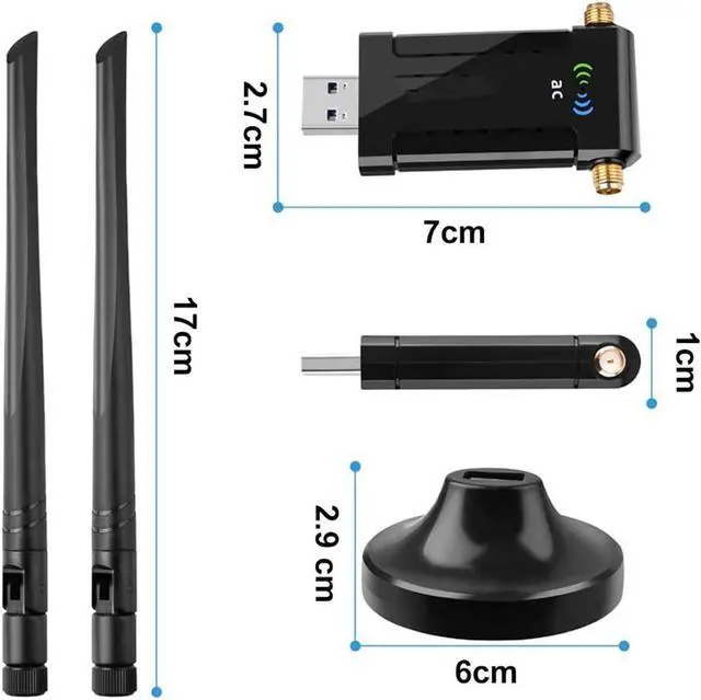 Alt view image 7 of 7 - 1200Mbps WiFi Adapter, Dual Band USB Wifi Dongle (5.8G/867Mbps+2.4G/300Mbps) Network Adapter with USB 3.0 Cradle and Extension Cable for PC Desktop Laptop Support Windows 10/8/7 Mac OS