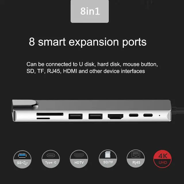 Alt view image 5 of 7 - 8 in 1 USB C Hub Multiport Type C To 87W PD Fast Charge USB-C 4K 30Hz HDMI Adapter RJ45 Fast Ethernet TF SD USB 3.0 Cable Hub for Windows Macbook Computer Laptop
