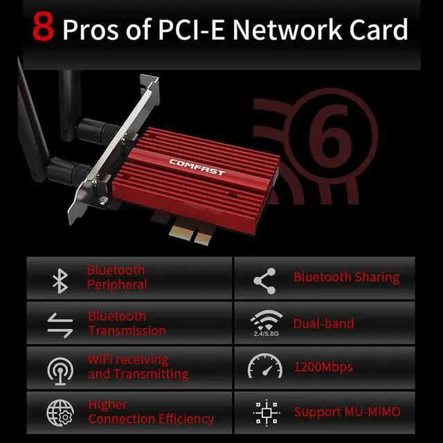 Alt view image 3 of 7 - Dual-band 2.4/5G WiFi PCI-E Card Bluetooth 4.2 WiFi Adapter 1200Mbps Wireless Adapter for Desktop 2*6dBi Antenna Network Card for Windows 7 / 8 / 8.1 / 10