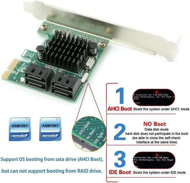 Alt view image 4 of 7 - SATA 3.0 Card with 4 SATA Cables,PCIe SATA Controller Expression Card with Low Profile Bracket,ASM1061+ASM1093 Chip, Boot as System Disk, Support 4 SATA 3.0 Devices