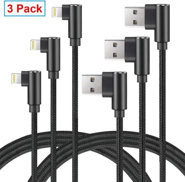 Main image of Fast Charging Cable, 3ft Right Angle Cable,3 Pack Nylon Braided Fast Speed Data Sync Charging Cord Powerline Compatible with Phone Charger Xs Xs MAX X 8 7 Plus, Pad. (Black, 3FT)