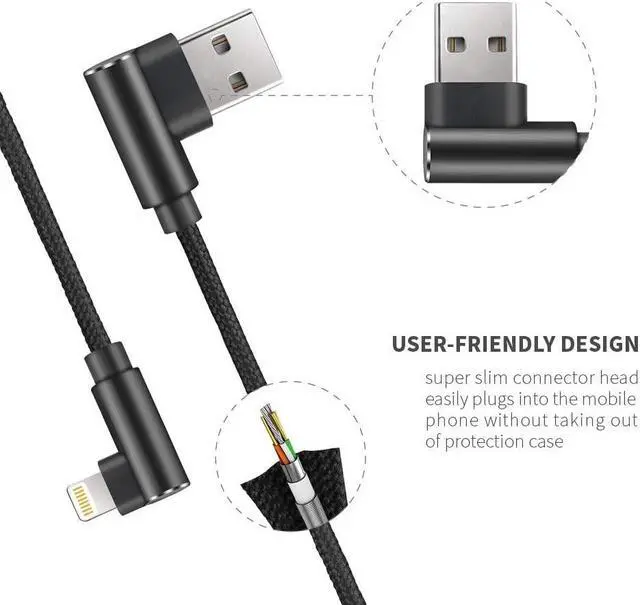 Alt view image 2 of 7 - Fast Charging Cable, 3ft Right Angle Cable,3 Pack Nylon Braided Fast Speed Data Sync Charging Cord Powerline Compatible with Phone Charger Xs Xs MAX X 8 7 Plus, Pad. (Black, 3FT)