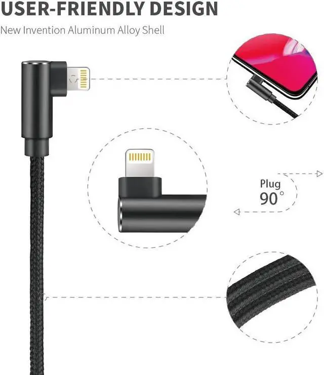 Alt view image 3 of 7 - Fast Charging Cable, 3ft Right Angle Cable,3 Pack Nylon Braided Fast Speed Data Sync Charging Cord Powerline Compatible with Phone Charger Xs Xs MAX X 8 7 Plus, Pad. (Black, 3FT)
