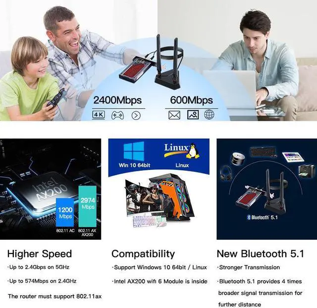 Alt view image 6 of 7 - 3000Mbps WiFi 6 PCI-E Bluetooth 5.1Dual Band Gaming Wireless PCIe Card RGB WiFi Adapter 2.4G/5G 802.11AX WI-Fi Intel AX200 WLan