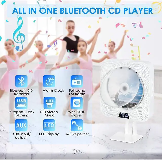 Alt view image 2 of 7 - Portable CD Player with Bluetooth, FM Radio,Wall Mountable CD Music Player Home Audio Boombox with Remote Control, Built-in HiFi Speakers, 3.5mm Headphone Jack AUX, Support CD/USB/TF