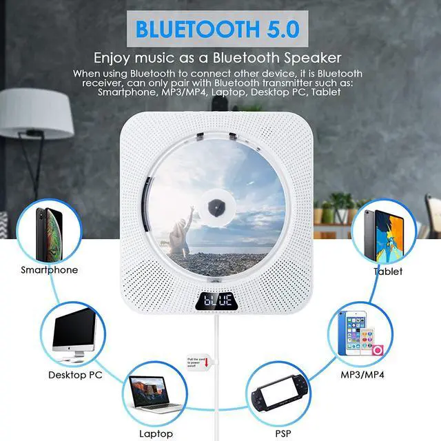 Alt view image 3 of 7 - Portable CD Player with Bluetooth, FM Radio,Wall Mountable CD Music Player Home Audio Boombox with Remote Control, Built-in HiFi Speakers, 3.5mm Headphone Jack AUX, Support CD/USB/TF