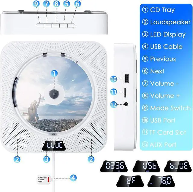 Alt view image 7 of 7 - Portable CD Player with Bluetooth, FM Radio,Wall Mountable CD Music Player Home Audio Boombox with Remote Control, Built-in HiFi Speakers, 3.5mm Headphone Jack AUX, Support CD/USB/TF