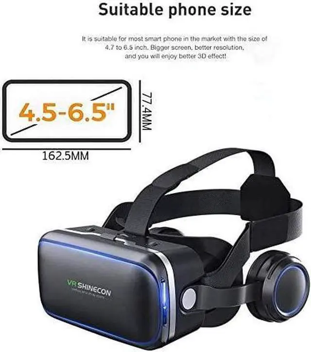 Alt view image 2 of 7 - VR SHINECON Original 6.0 VR Headset Version Virtual Reality Glasses Stereo Headphones 3D Glasses Headset Helmets Support 4.7-6.53 inch Large Screen Smartphone (with Controller)