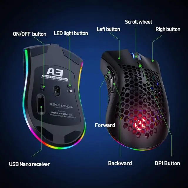 Alt view image 6 of 7 - Wireless Gaming Mouse, Computer for Rechargeable Gaming Mouse, 7 Programmable Buttons, 3 Adjustable DPI, USB Receiver, 2.4G Ergonomic RGB Optical Sensor Mouse for Computer, Laptop, PC (Black)