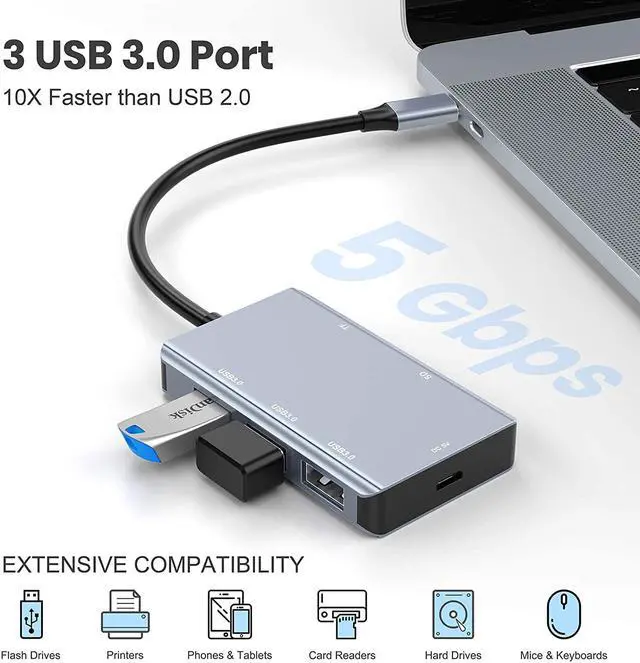 Alt view image 3 of 7 - 5-in-1 USB C Hub with SD Card Reader, USB C to SD Card Reader Adapter with 3 USB 3.0 Port & 5V Power Supply, 2TB Capacity Memory Card for MacBook Camera Android Windows Linux and Other Type C Device