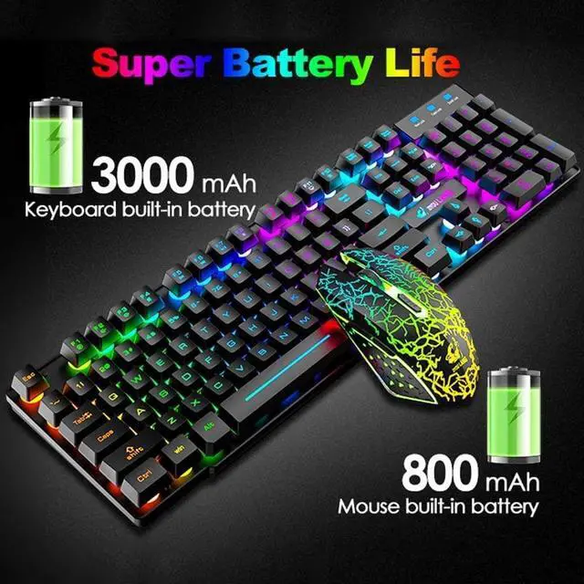 Alt view image 2 of 7 - Wireless Gaming Keyboard and Mouse,Rechargeable Rainbow Backlit Keyboard Mouse with 3800mAh Battery,Mechanical Feel Gaming Keyboard,7 Color Gaming Mute Mouse,Gaming Mouse Pad for PC Gamers