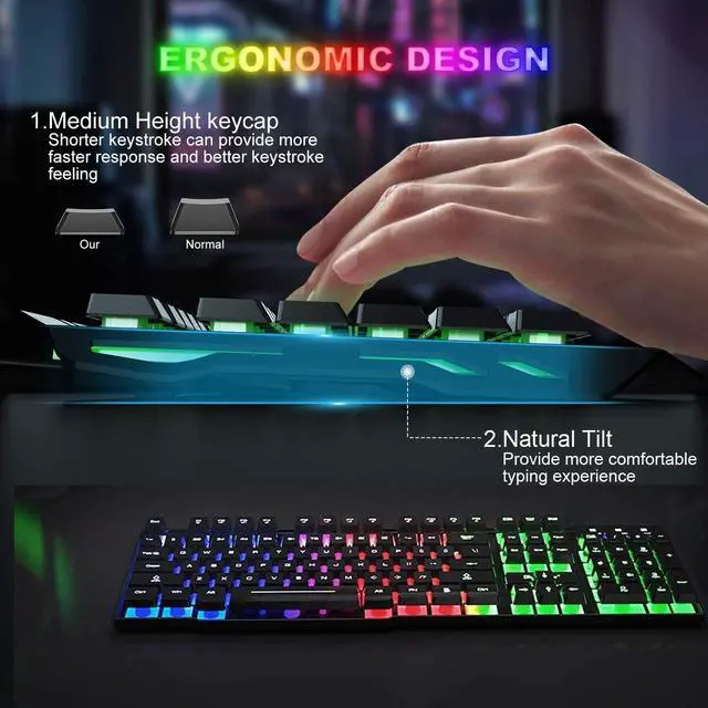 Alt view image 5 of 7 - Wireless Gaming Keyboard and Mouse,Rechargeable Rainbow Backlit Keyboard Mouse with 3800mAh Battery,Mechanical Feel Gaming Keyboard,7 Color Gaming Mute Mouse,Gaming Mouse Pad for PC Gamers